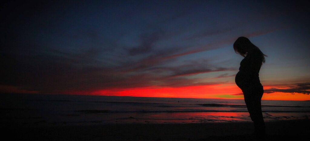 pregnant, beach, sunset